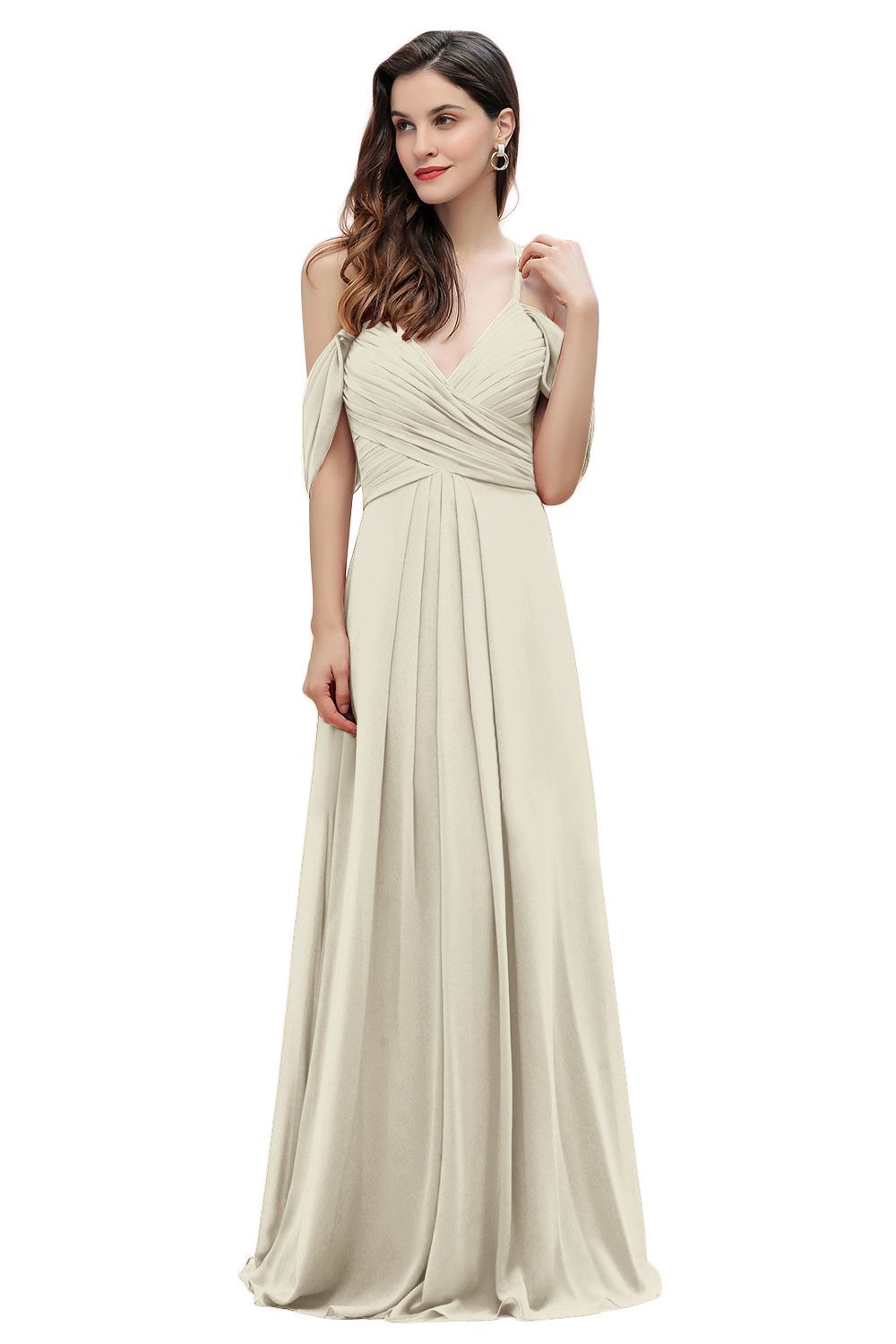 Elegant A-line Off-the-Shoulder V-neck Ruched Long Bridesmaid Dress-27prom