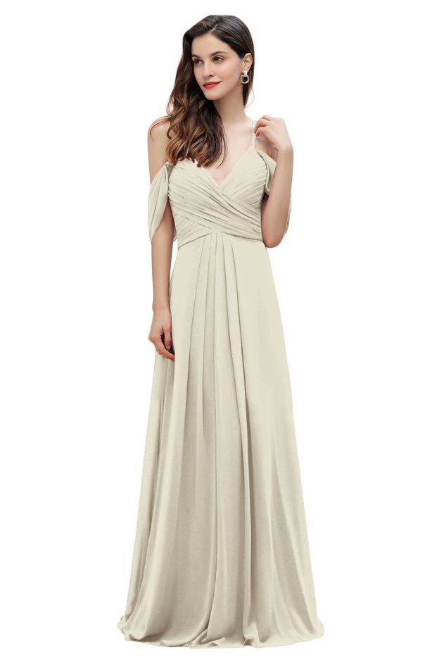 Elegant A-line Off-the-Shoulder V-neck Ruched Long Bridesmaid Dress-27prom