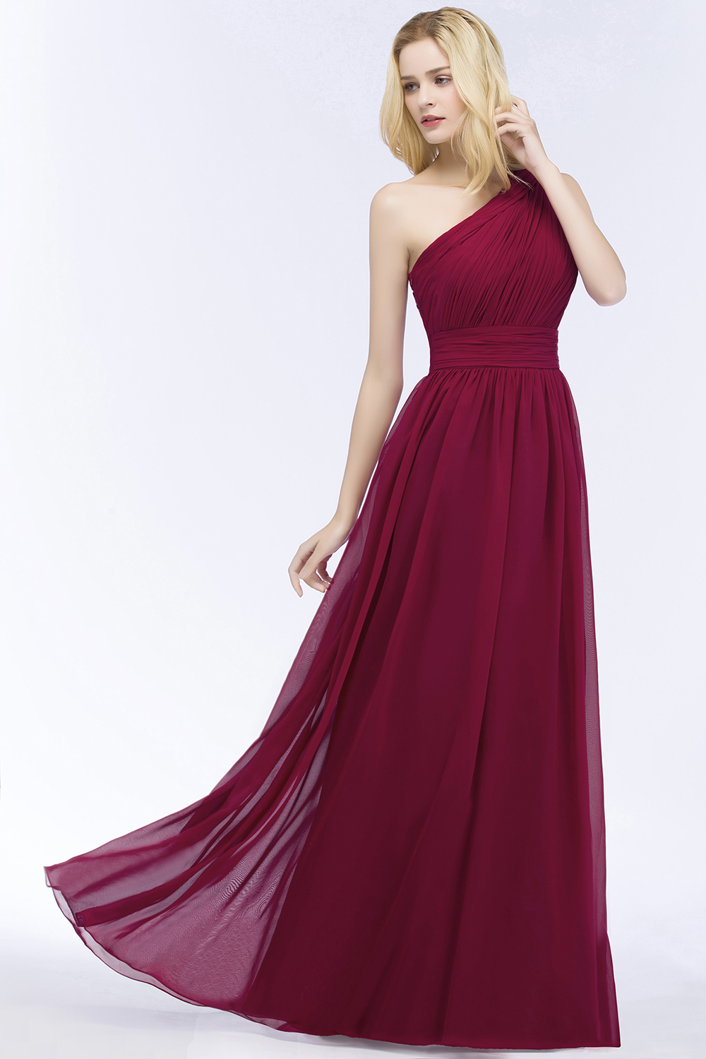 27prom Chic One-shoulder Sleeveless Burgundy Chiffon Bridesmaid Dresses Online-27prom