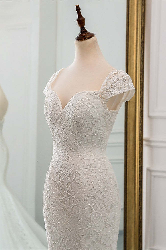 Sweetheart Lace Long Mermaid Wedding Dress with Cap Sleeves