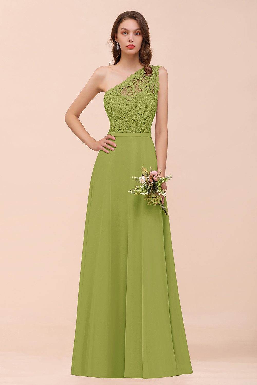 27prom New Arrival Dusty Rose One Shoulder Lace Long Bridesmaid Dress-27prom