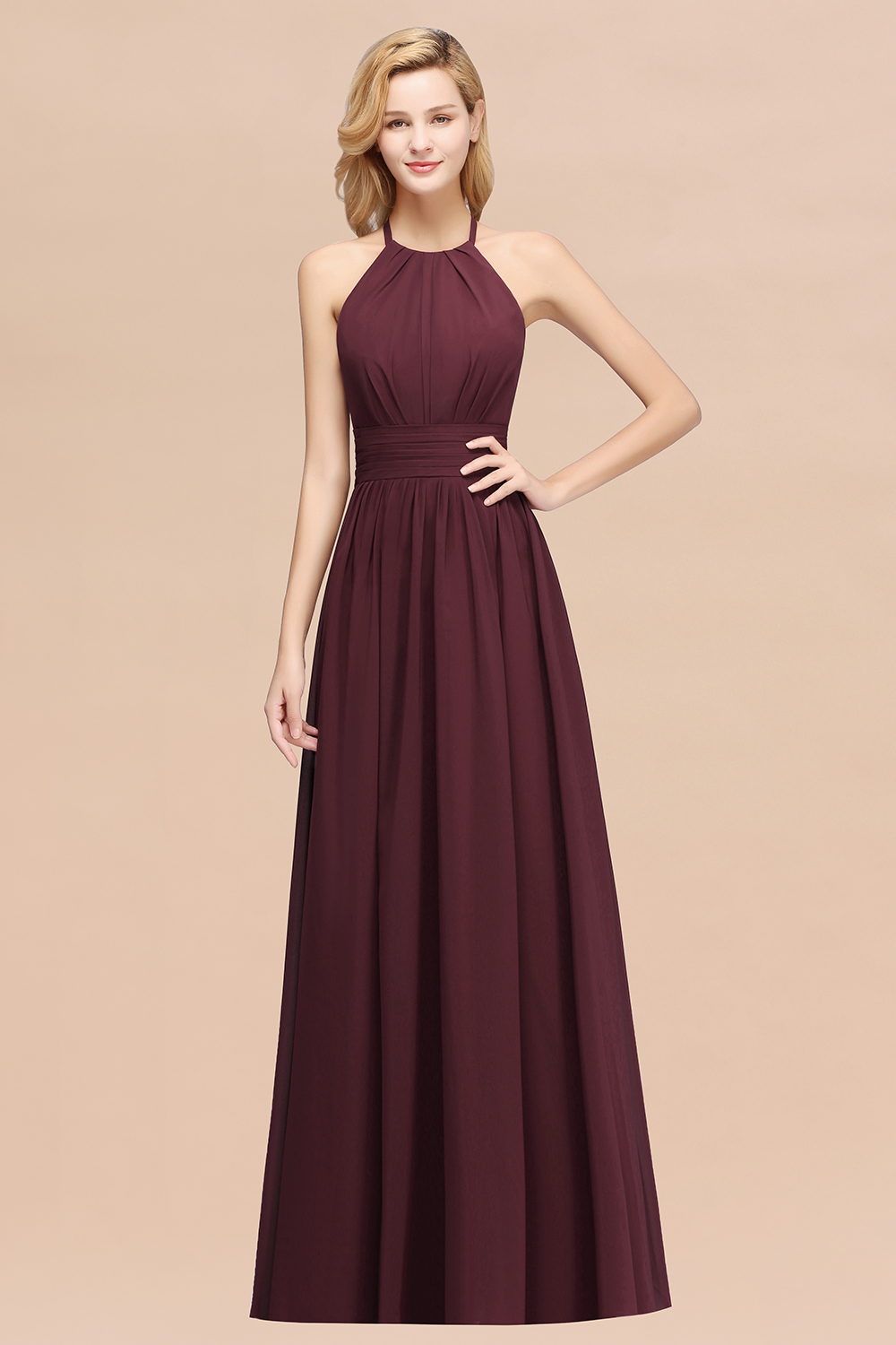 27prom Elegant High-Neck Halter Long Affordable Bridesmaid Dresses with Ruffles-27prom