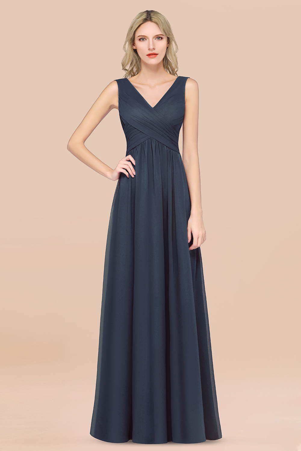 27prom Glamorous Chiffon V-Neck Sleeveless Burgundy Bridesmaid Dress with Draped Back-27prom