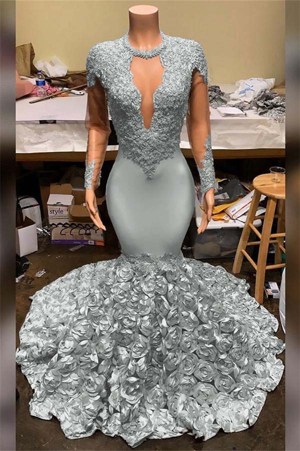 Elegant Mermaid V Neck Prom Dress Appliques Long Sleeves With Flowers Bottom