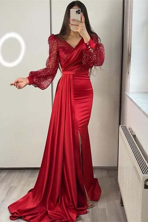 Sequins V-Neck Long Sleeves Mermaid Evening Dress with Split and Ruffle