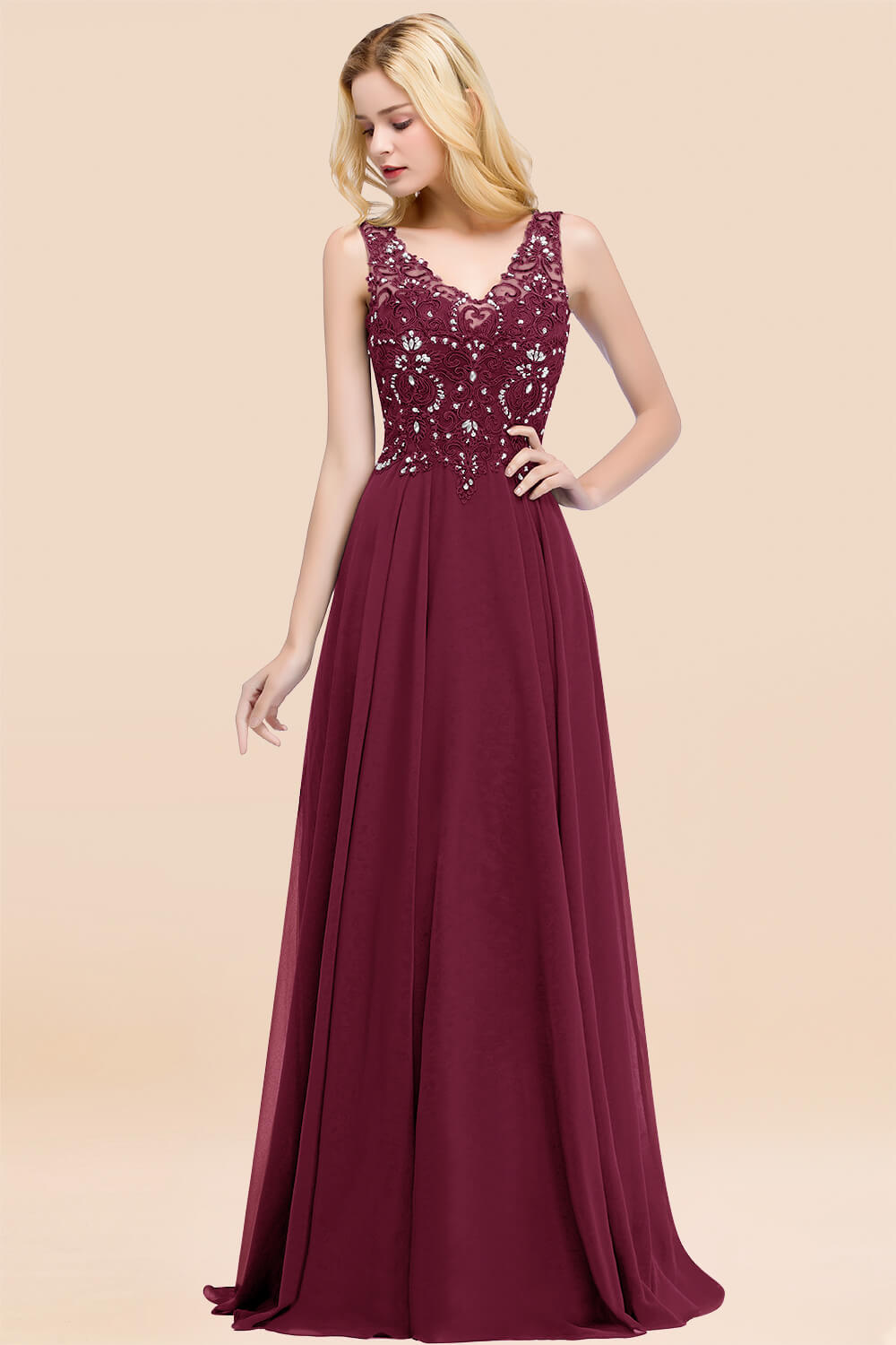 27prom Affordable Lace V-Neck Navy Bridesmaid Dresses With Appliques-27prom