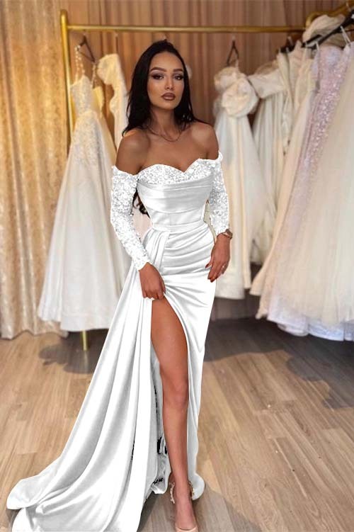 Off the Shoulder Long Sleeves Long Mermaid Prom Dress With Pleated