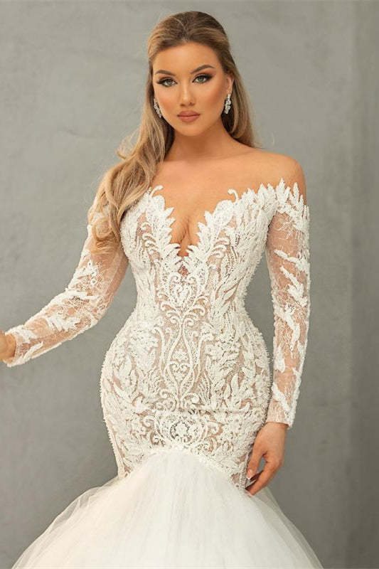 Long Sleeve V-Neck Tulle Mermaid Wedding Dress with Lace