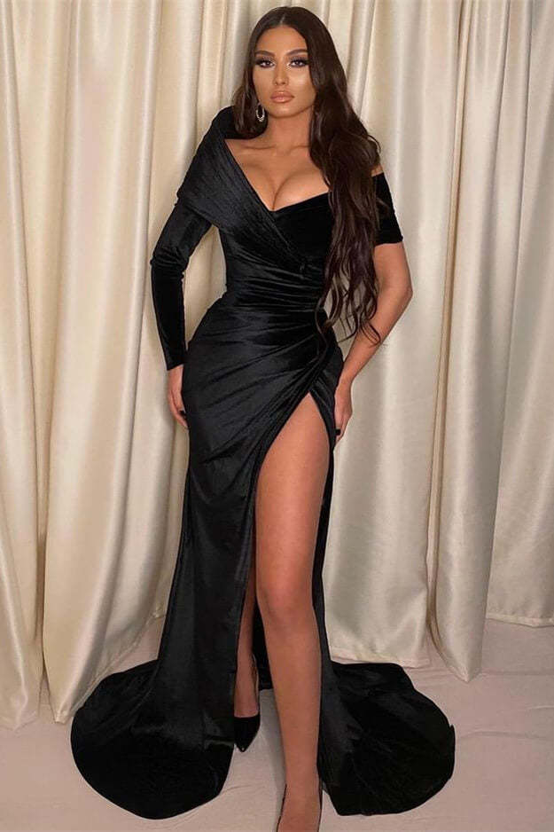 Black Off-The-Shoulder Long Sleeve Mermaid Prom Dress with Split