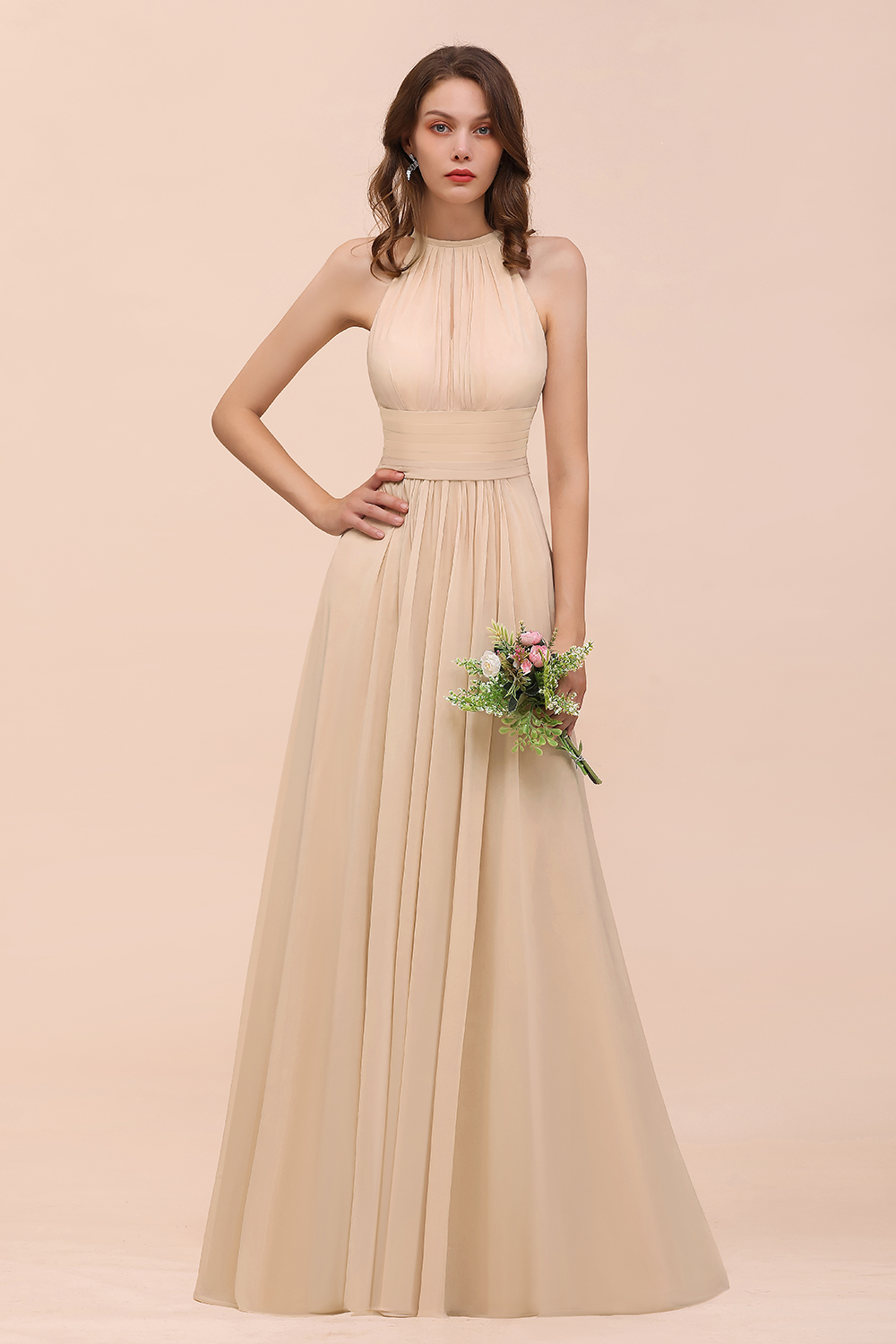 27prom Elegant Chiffon Jewel Ruffle Champagne Affordable Bridesmaid Dress Online-27prom