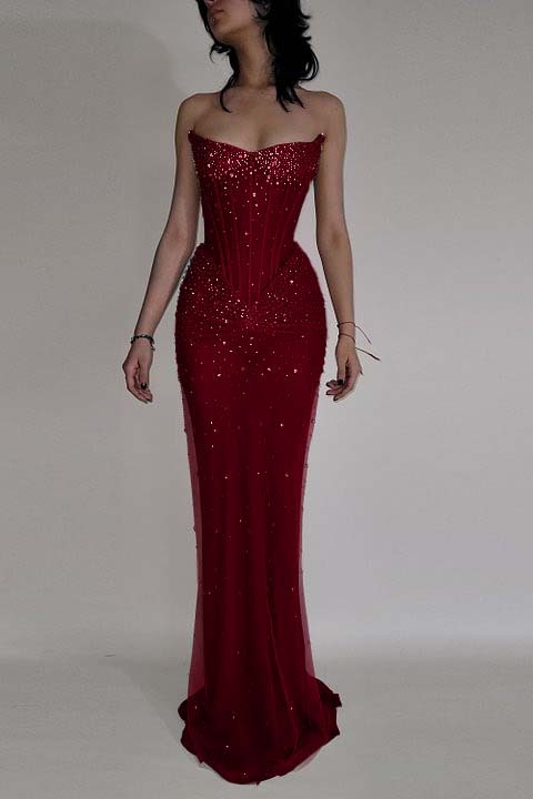 Strapless Sleeveless Mermaid Long Prom Dress With Beading Tulle
