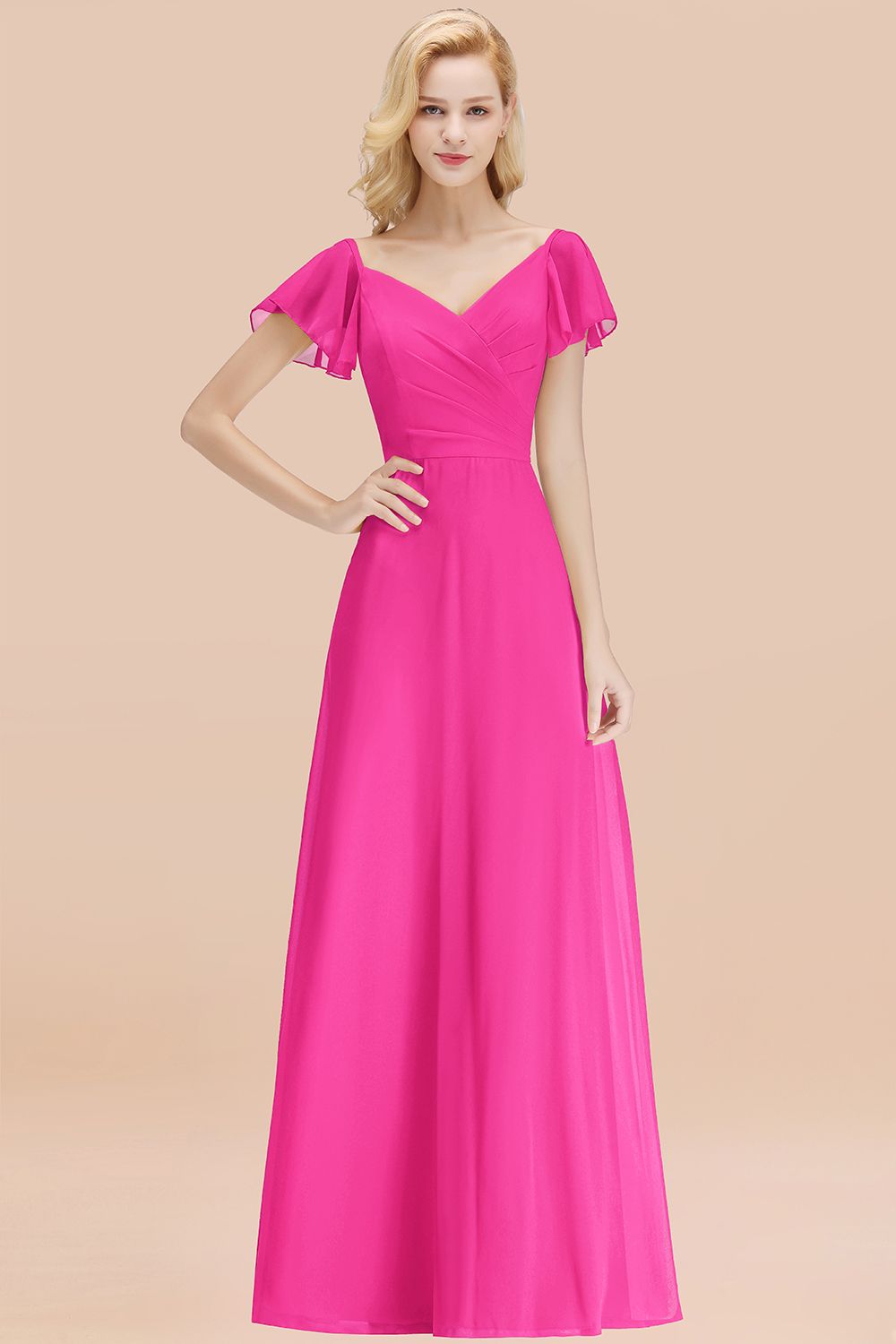 27prom Elegent Short-Sleeve Long Bridesmaid Dress Online Yellow Chiffon Wedding Party Dress-27prom