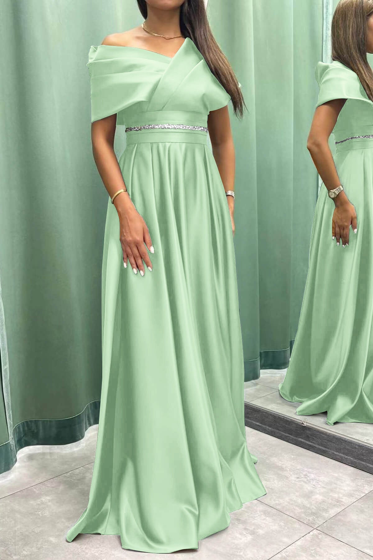 Elegant Off-the-Shoulder Long Evening Dress Pleated and On Sale