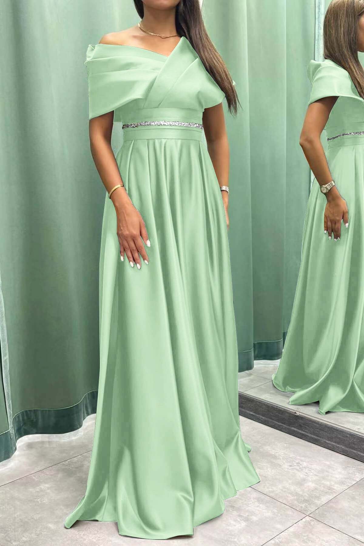 Elegant Off-the-Shoulder Long Evening Dress Pleated and On Sale