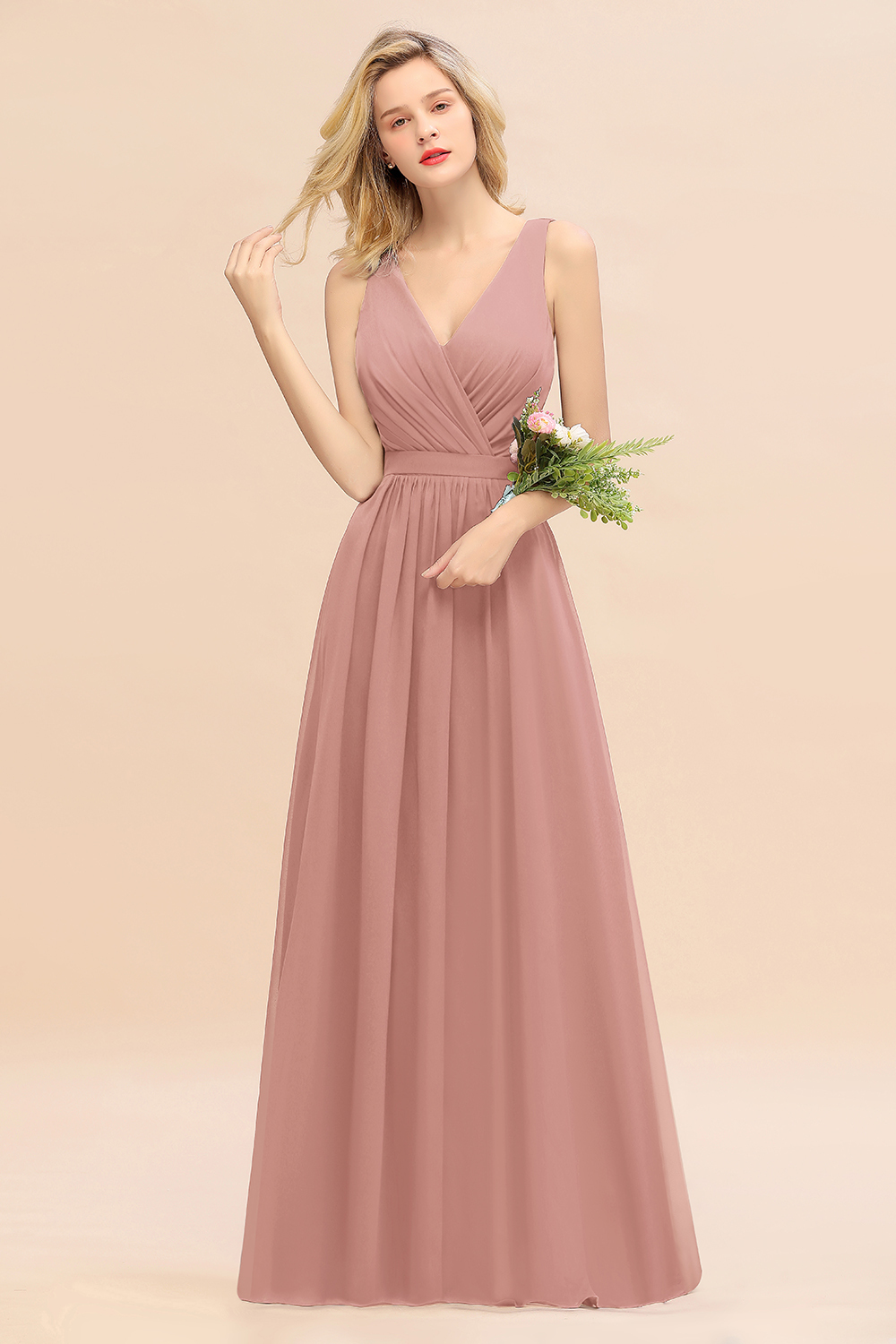 27prom Affordable V-Neck Ruffle Long Grape Chiffon Bridesmaid Dress with Bow-27prom
