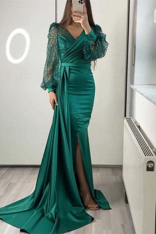Sequins V-Neck Long Sleeves Mermaid Evening Dress with Split and Ruffle