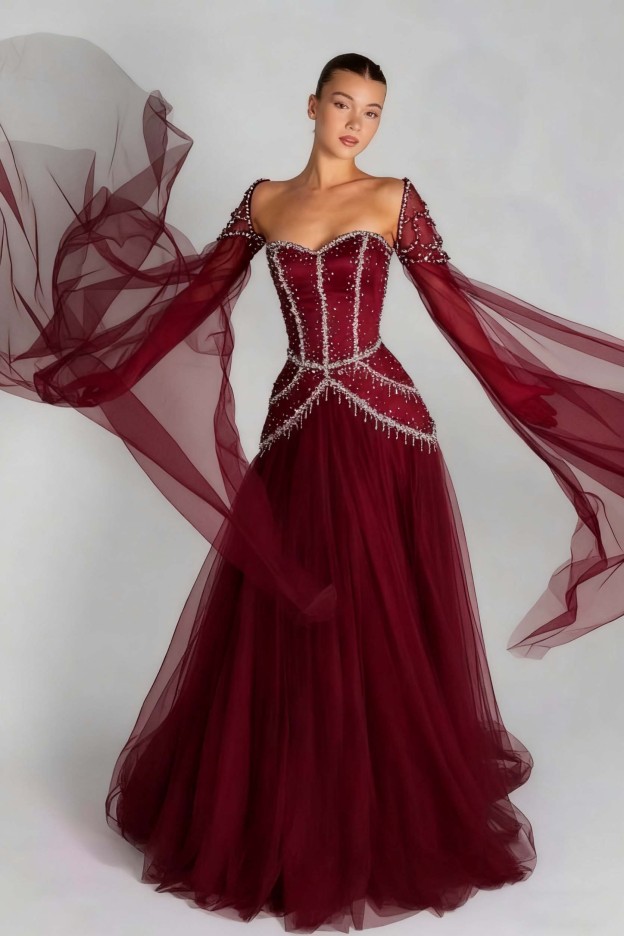 Long Sleeves Sweetheart Long A Line Prom Dress With Pleated Beading