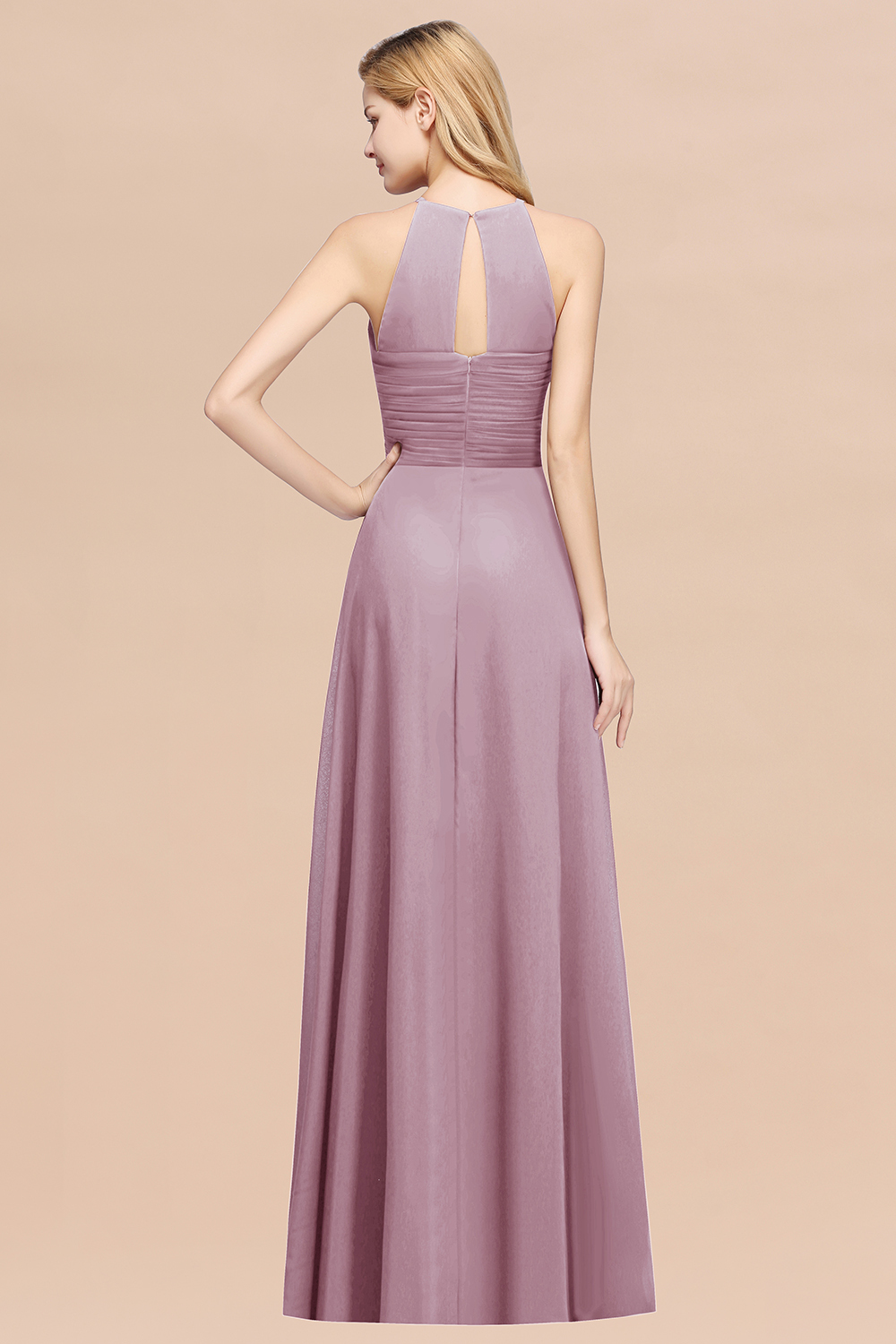 27prom Halter Crisscross Pleated Bridesmaid Dress Blue Chiffon Sleeveless Maid of Honor Dress-27prom