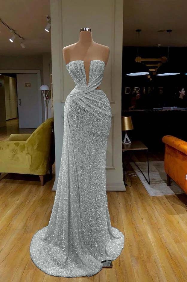 Sequins Sleeveless Gorgeous White Strapless Prom Dress With Pleated Online