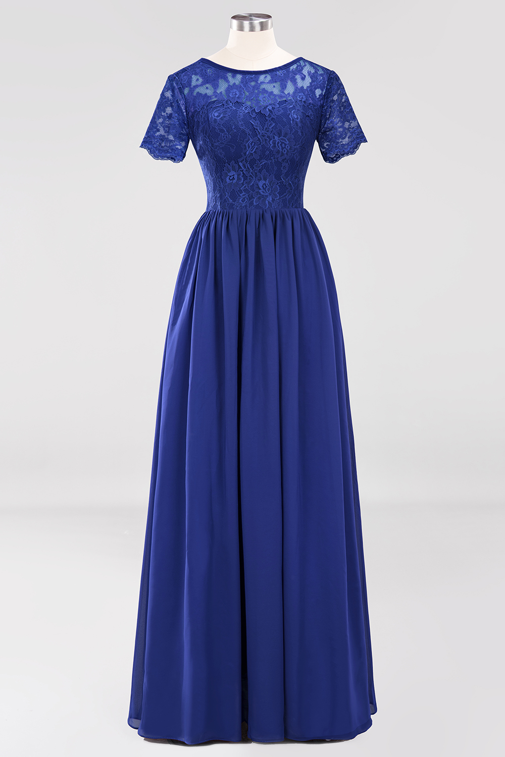 27prom Elegant Dark Navy Long Lace Bridesmaid Dresses with Short-Sleeves-27prom