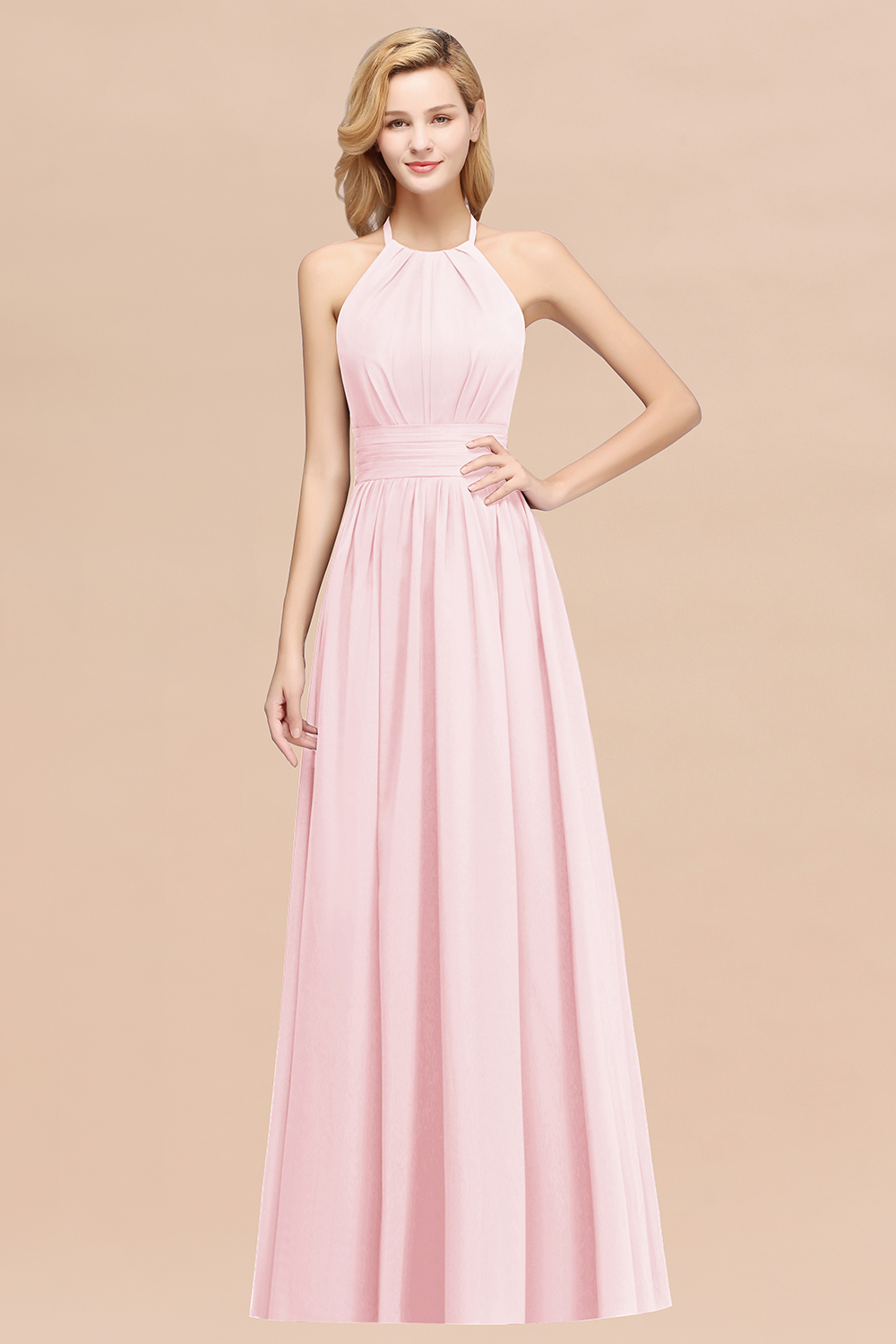 27prom Elegant High-Neck Halter Long Affordable Bridesmaid Dresses with Ruffles-27prom