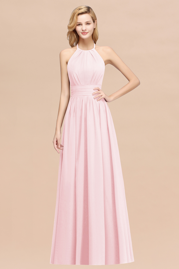 27prom Elegant High-Neck Halter Long Affordable Bridesmaid Dresses with Ruffles-27prom