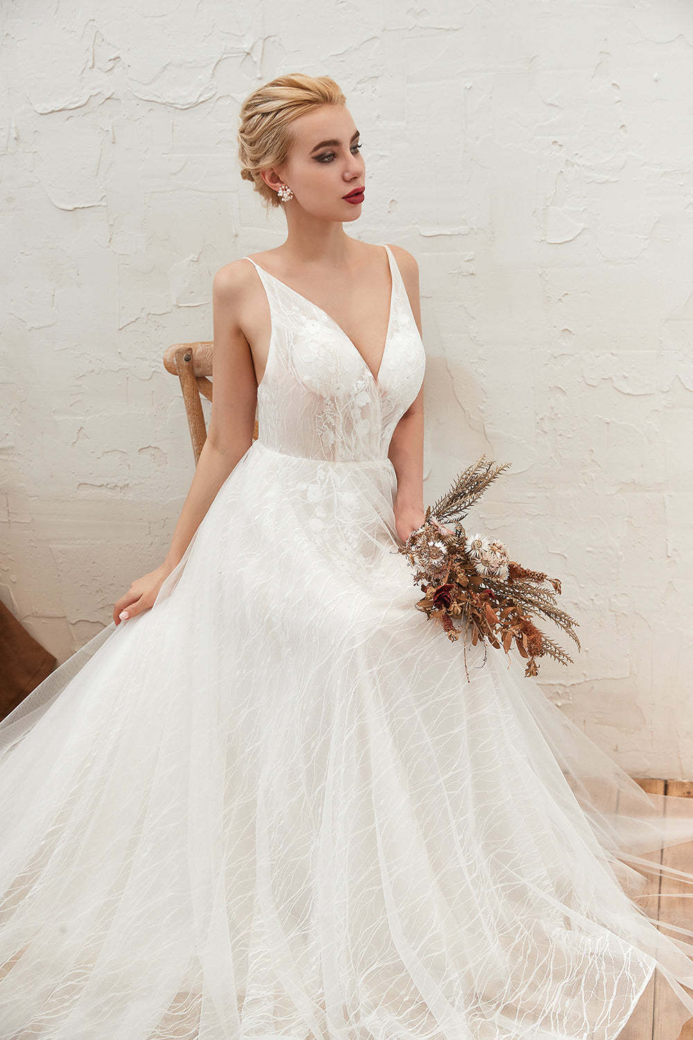 Classy A-Line Deep V-Neck Floor-Length Open Back Wedding Dress with Lace and Tulle