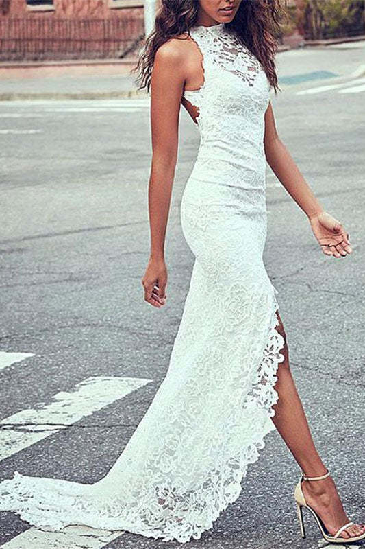 High Neck Lace Summer Beach Wedding Dress
