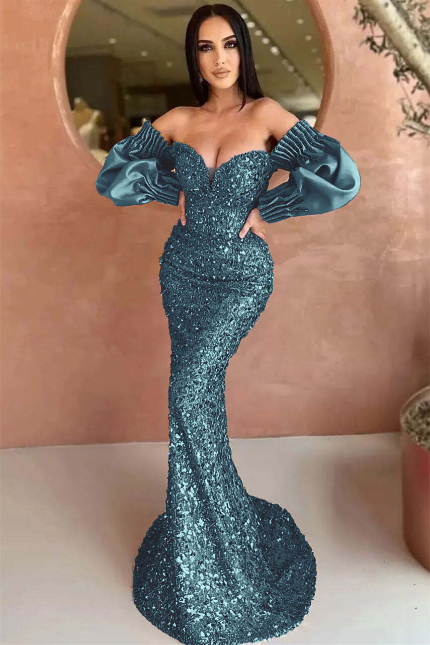 Off-The-Shoulder Mermaid Sweetheart Long Sleeves Evening Dress with Sequins