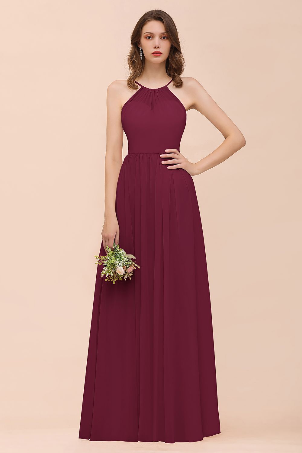 27prom Gorgeous Chiffon Halter Ruffle Affordable Long Bridesmaid Dress-27prom