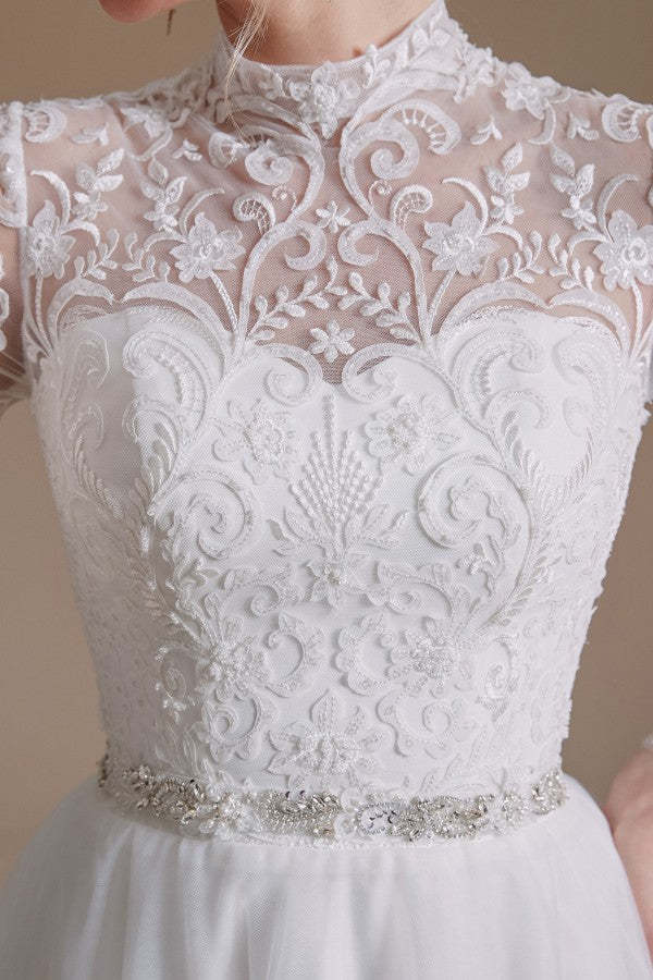 Modest A-Line High Neck Long Sleeve Wedding Dress with Tulle Lace