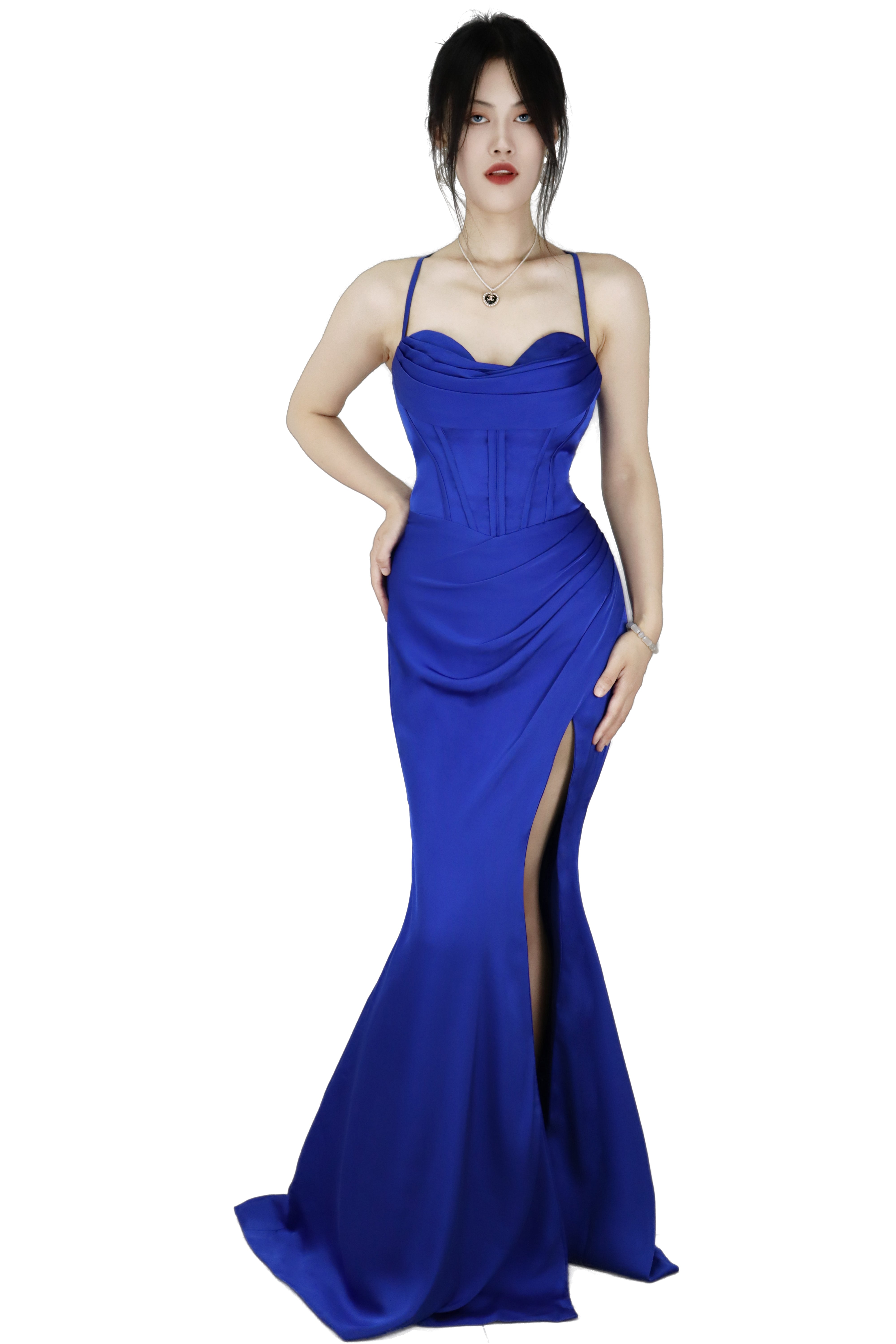 Royal Blue Spaghetti-Strap Long Prom Dress with Slit