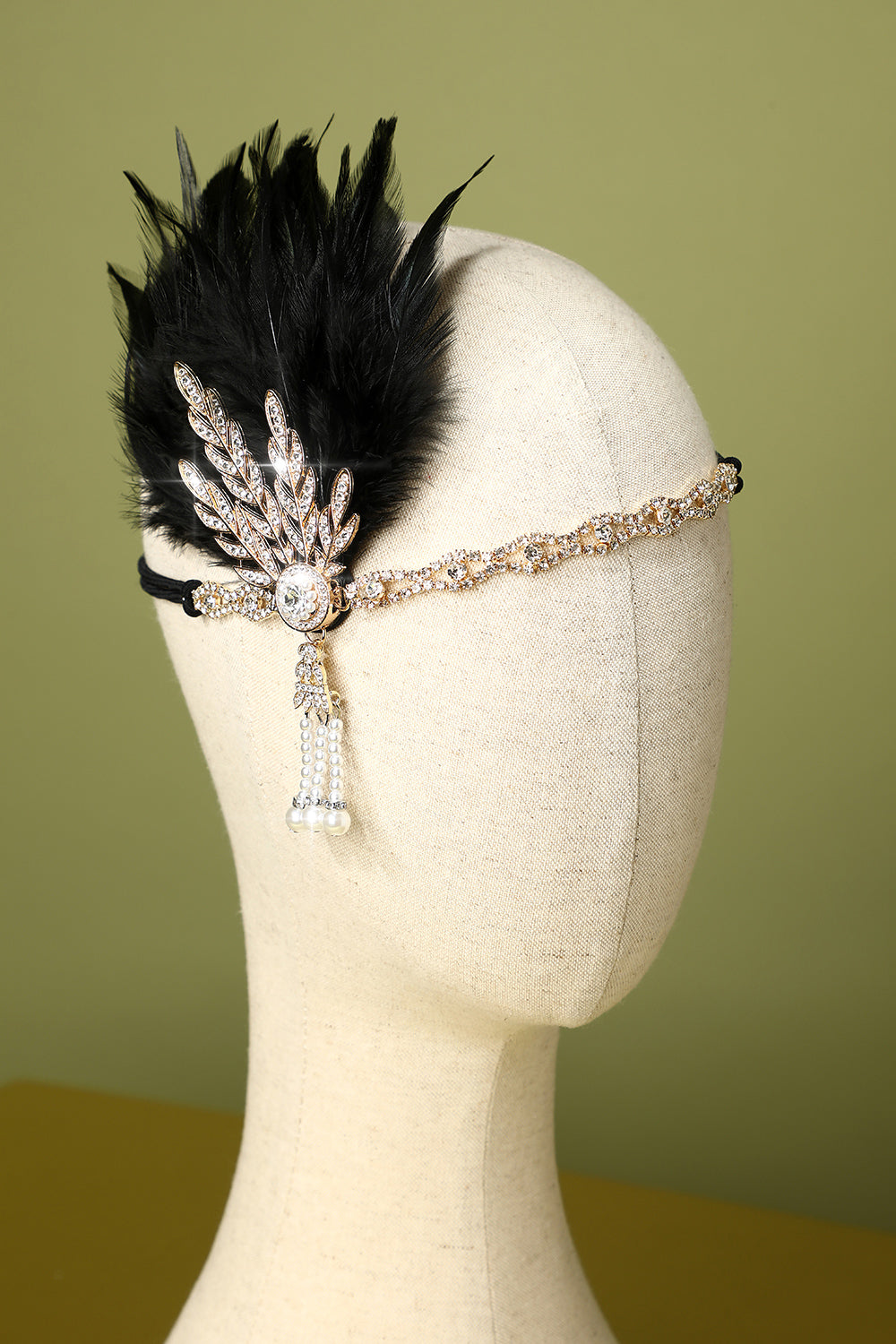 Black Beaded Feather and Pearl Flapper Headband