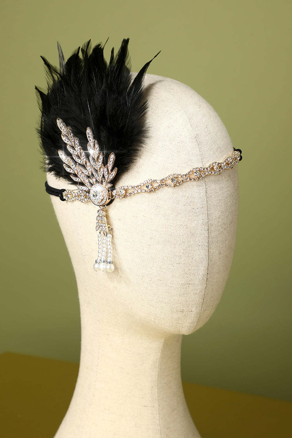 Black Beaded Feather and Pearl Flapper Headband