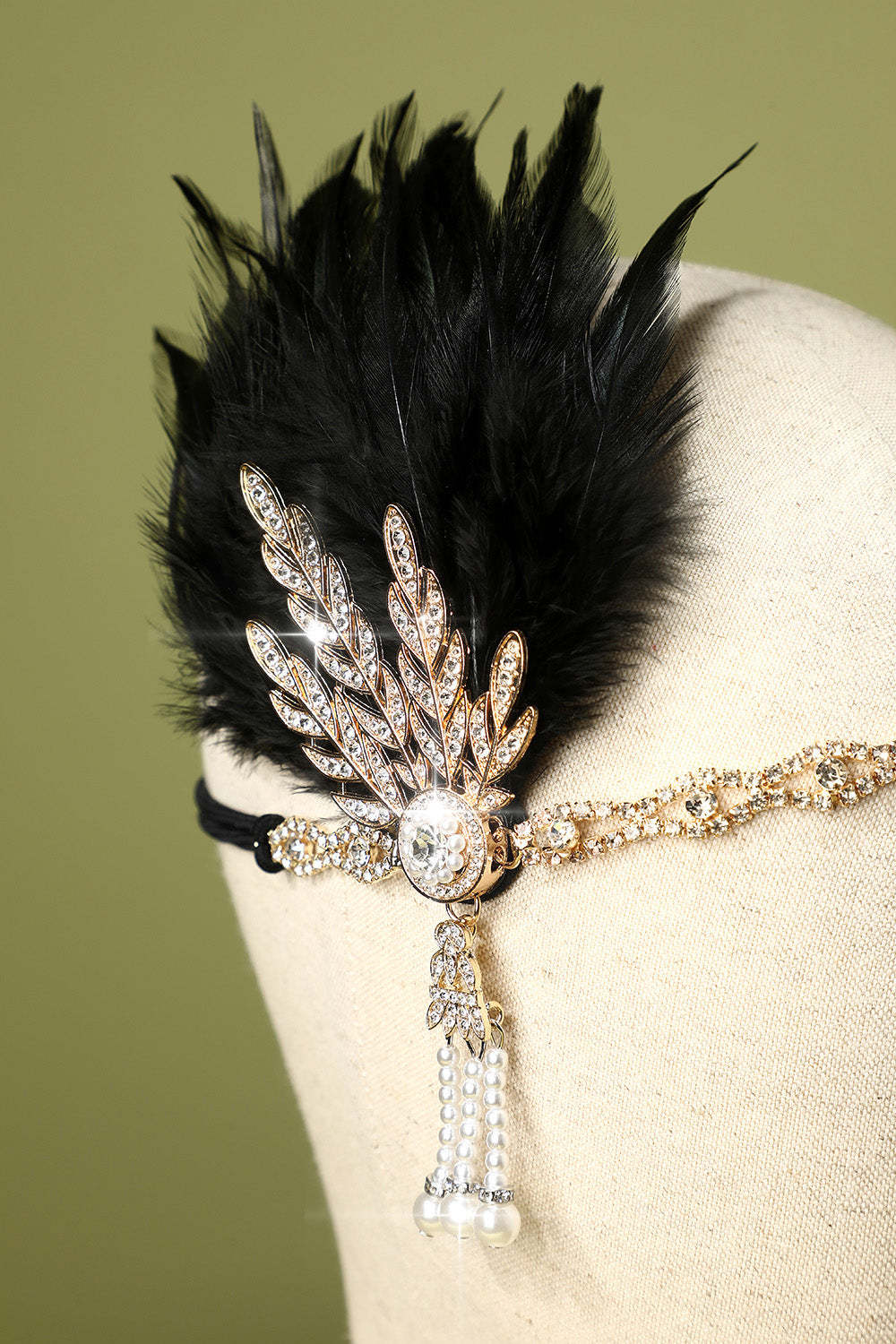 Black Beaded Feather and Pearl Flapper Headband