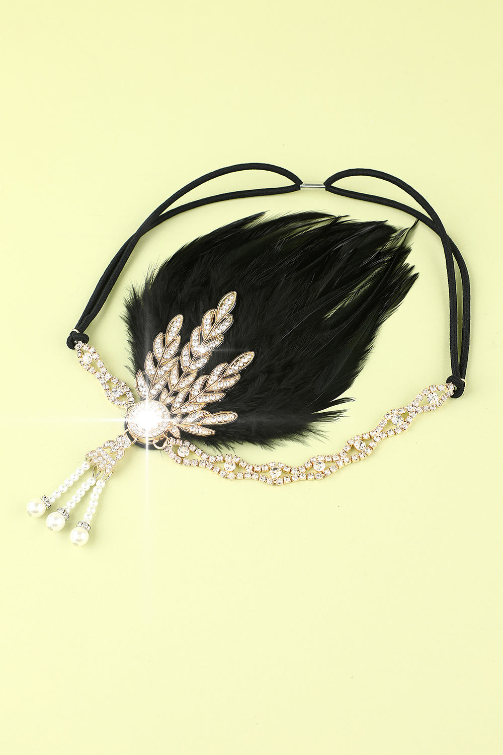 Black Beaded Feather and Pearl Flapper Headband