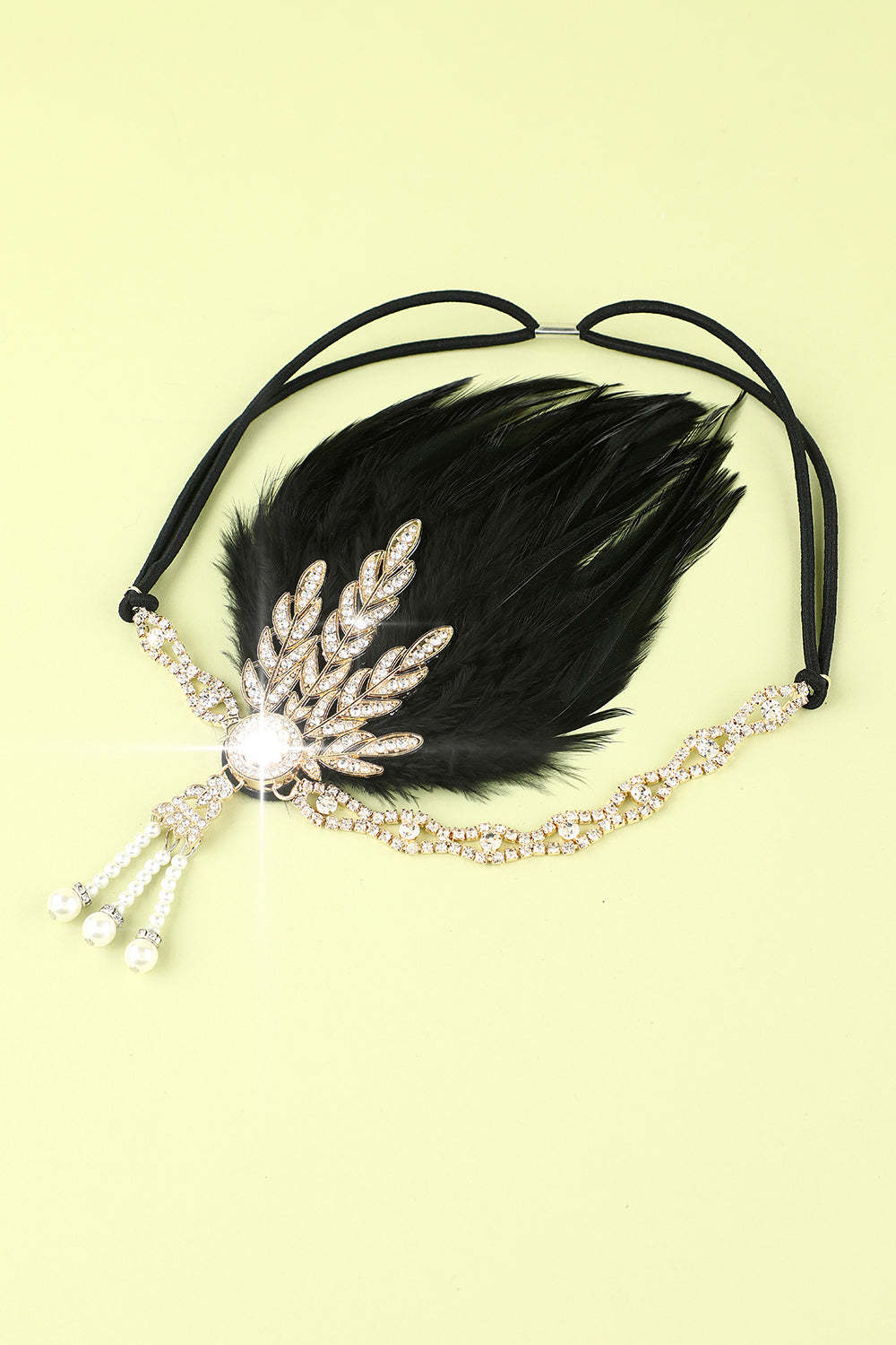 Black Beaded Feather and Pearl Flapper Headband