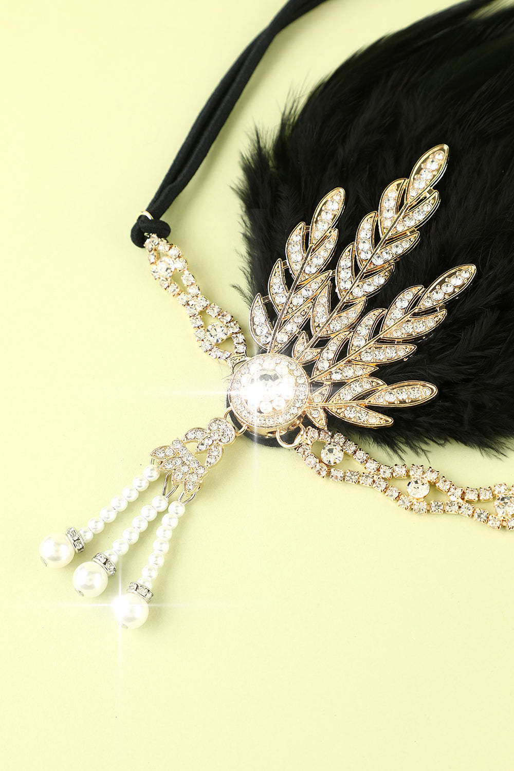 Black Beaded Feather and Pearl Flapper Headband