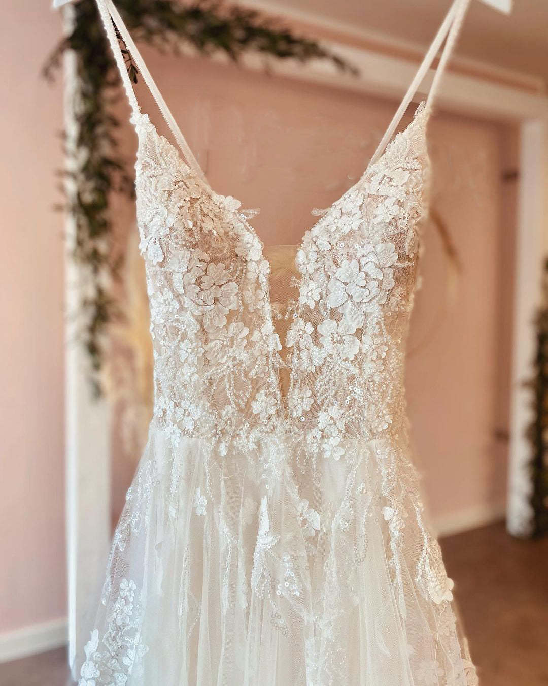 Long A-Line Deep V-Neck Spaghetti Strap Backless Wedding Dress with Lace Tulle