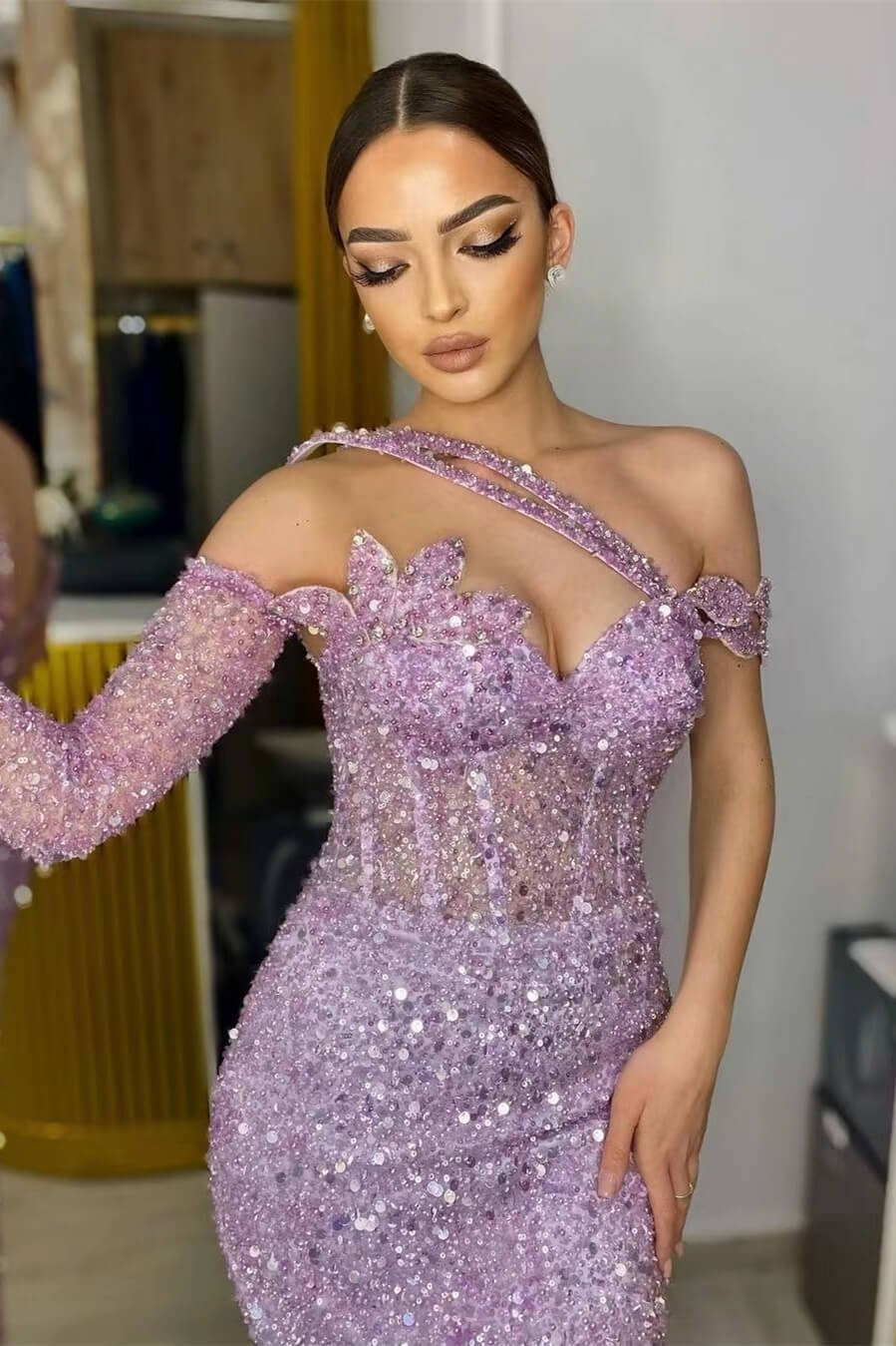 Gorgeous Long Sleeves One Shoulder Lavender Prom Dress Mermaid With Sequins