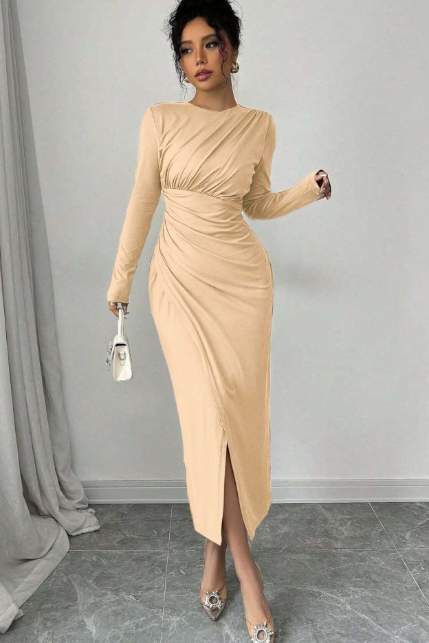 Long Sleeves Jewel Neck Tea Length Prom Dress With Split Pleated
