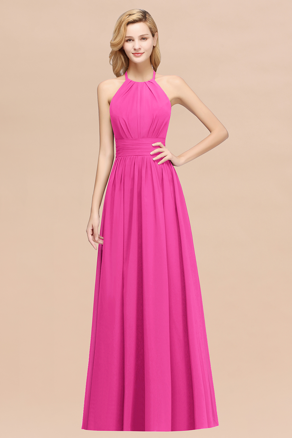 27prom Elegant High-Neck Halter Long Affordable Bridesmaid Dresses with Ruffles-27prom