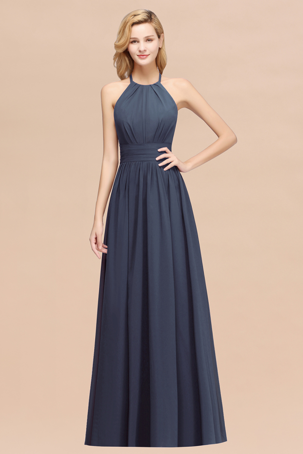 27prom Elegant High-Neck Halter Long Affordable Bridesmaid Dresses with Ruffles-27prom