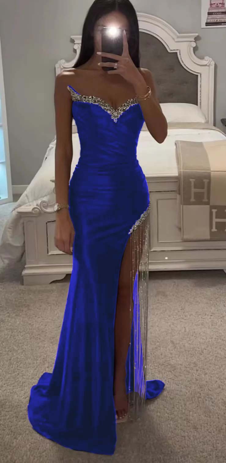 Strapless Sleeveless Long Mermaid Prom Dress With Split Tassel Beading