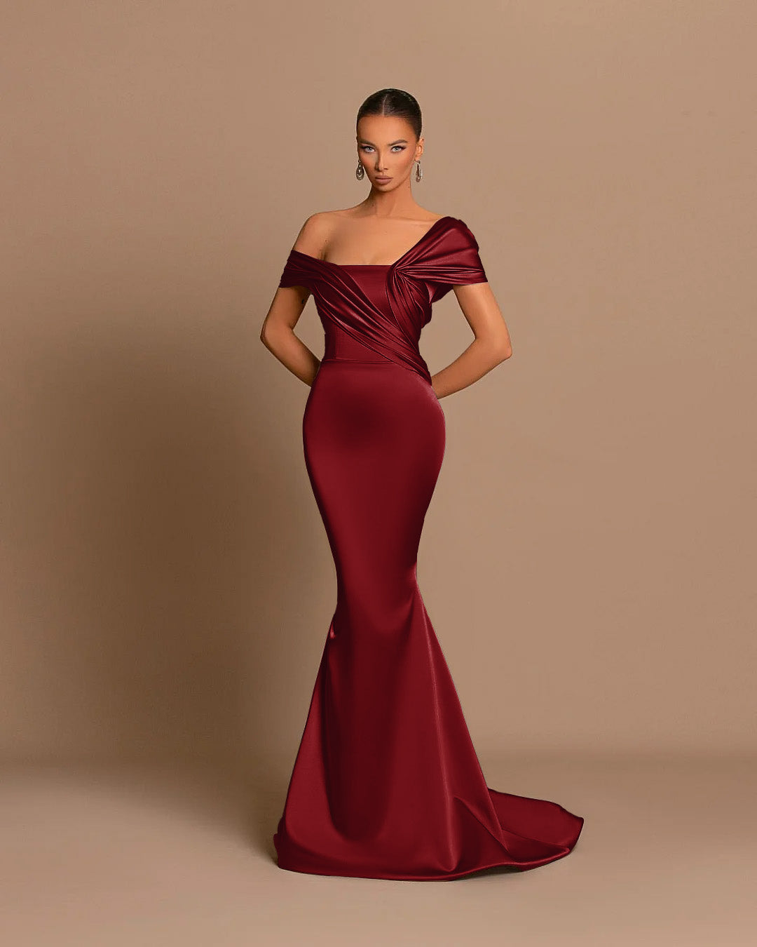 Grey Off-The-Shoulder Evening Dress Bateau Pleated Ball Gown