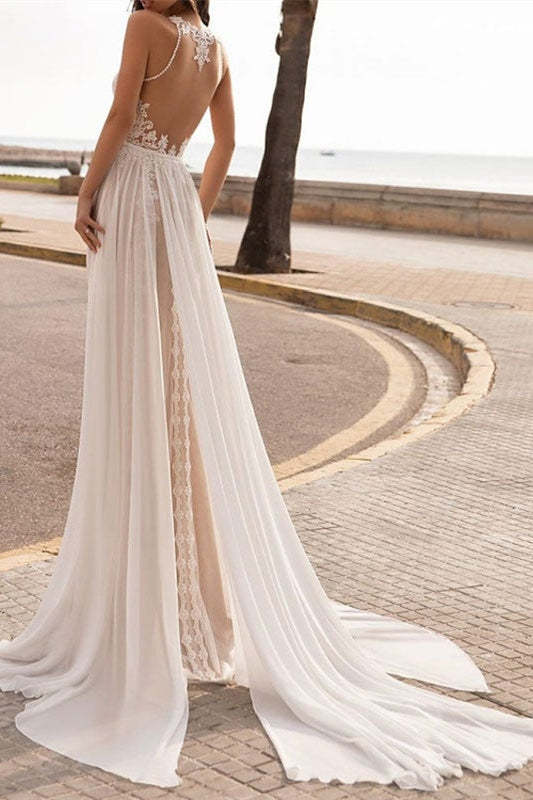 Halter Neck Sleeveless Lace Wedding Dress