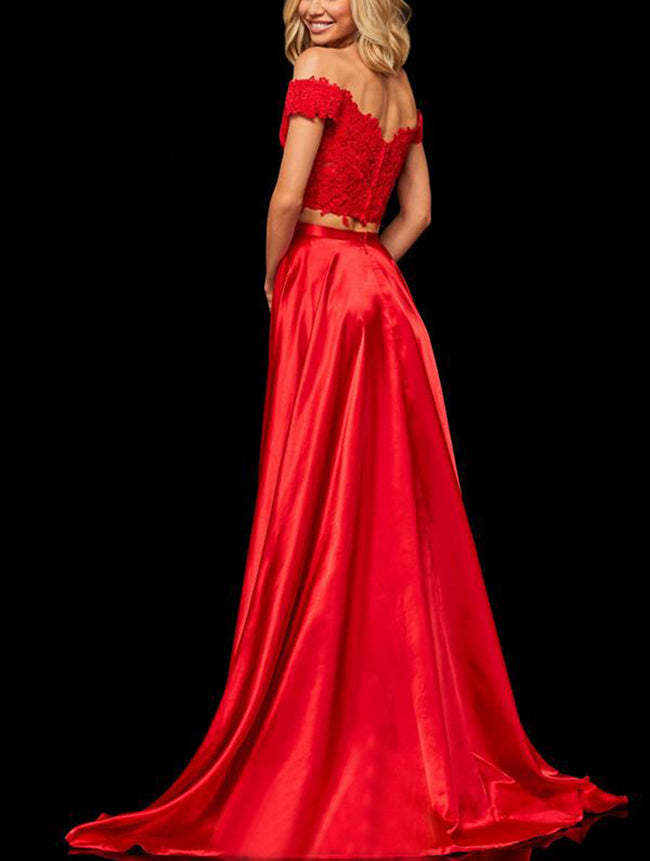Off-the-Shoulder Two Pieces Prom Dress with Appliques and Slit