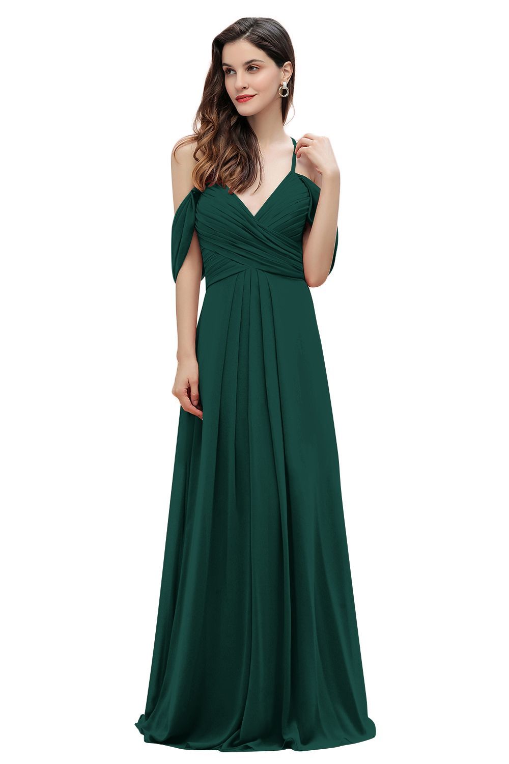 Elegant A-line Off-the-Shoulder V-neck Ruched Long Bridesmaid Dress-27prom