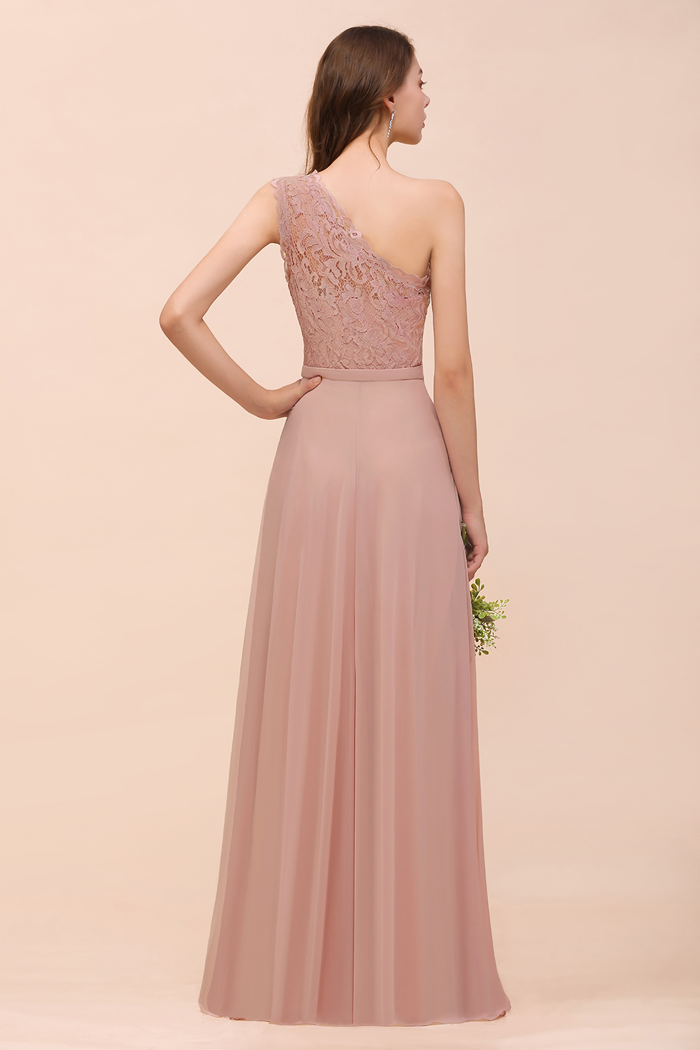 27prom New Arrival Dusty Rose One Shoulder Lace Long Bridesmaid Dress-27prom
