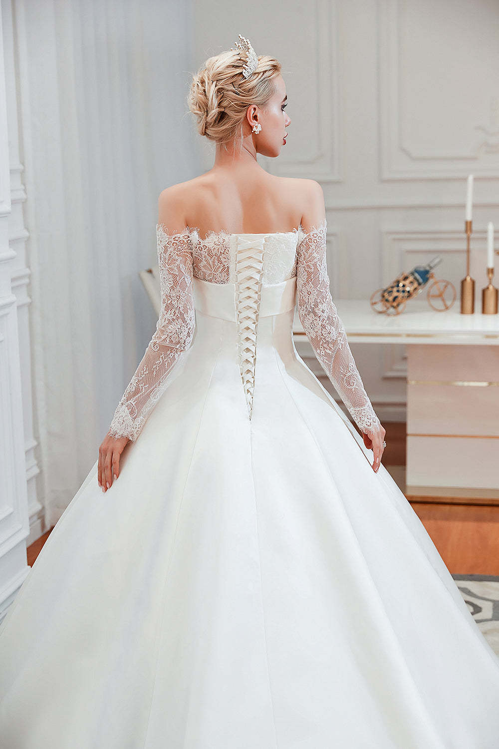 Stunning Off-the-Shoulder Long Sleeve A-Line Satin Wedding Dress with Lace
